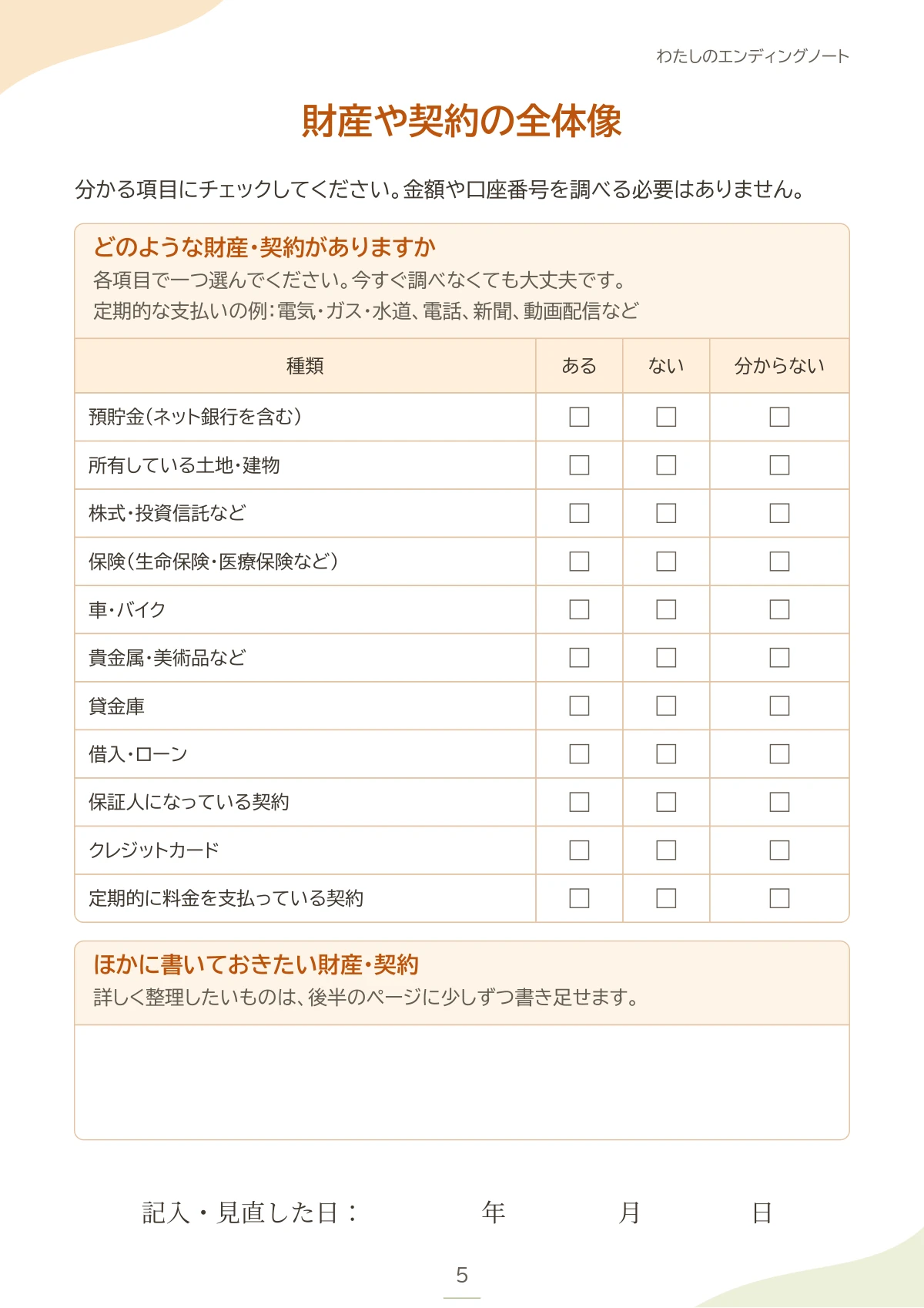 エンディングノートの財産に関する記入ページ